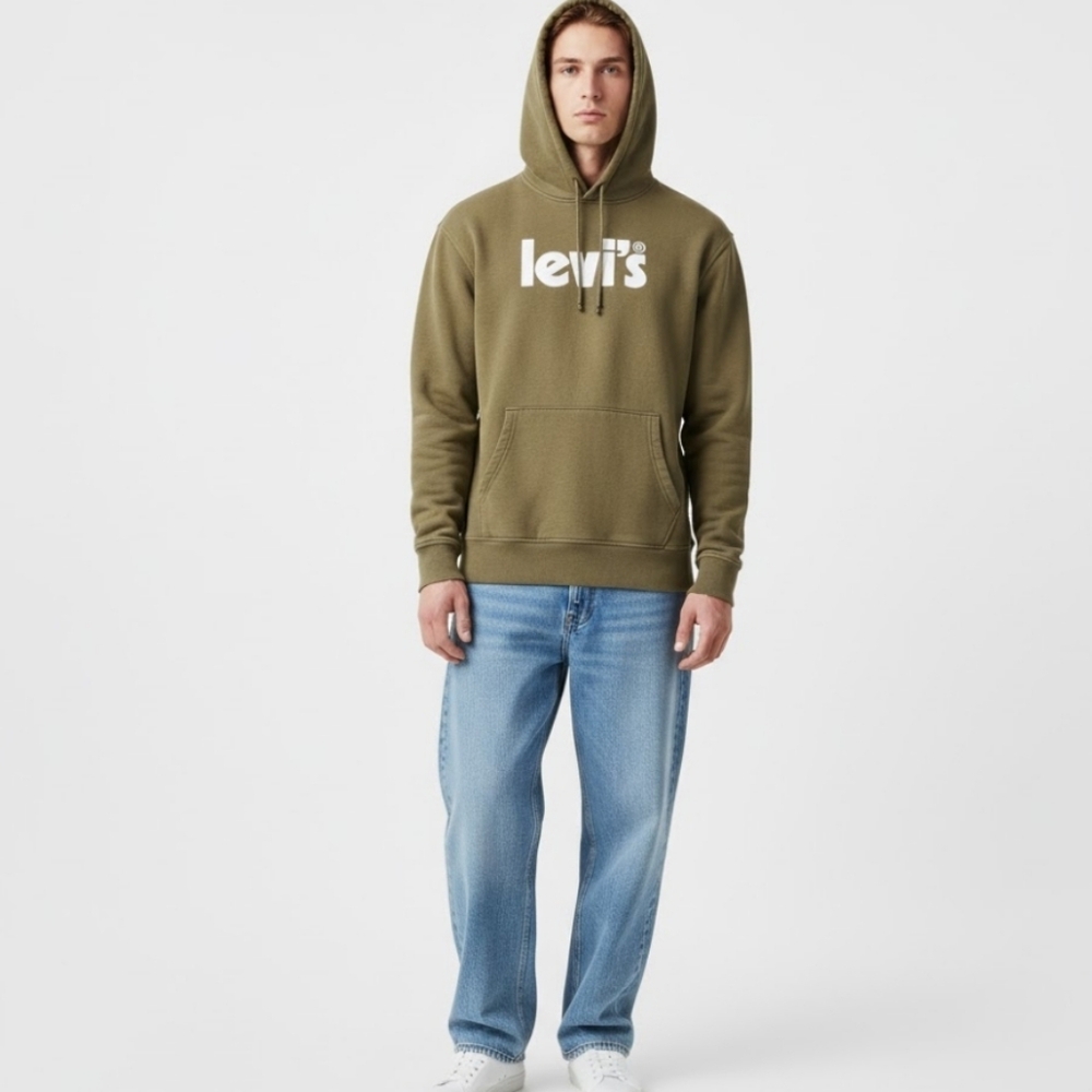 LEVI'S Men's Medium Pullover Sweatshirt Hoodie Relaxed Fit Olive Moss Green Cozy